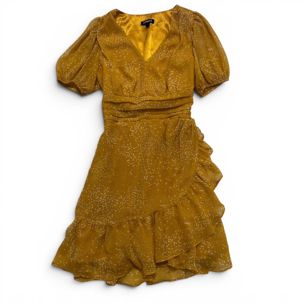 Express Women Mustard Yellow Polka Dot Ruffle Mini Dress XS Puff Sleeve Wedding‎
